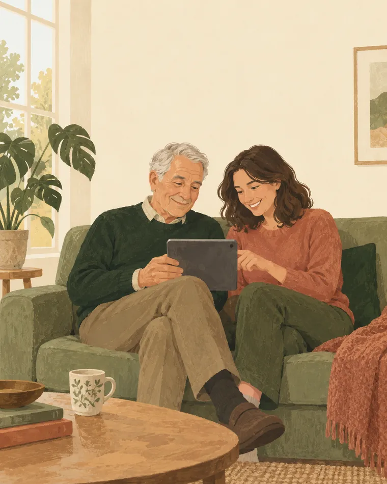 Illustration of an older father and his daughter sharing a tablet at home
